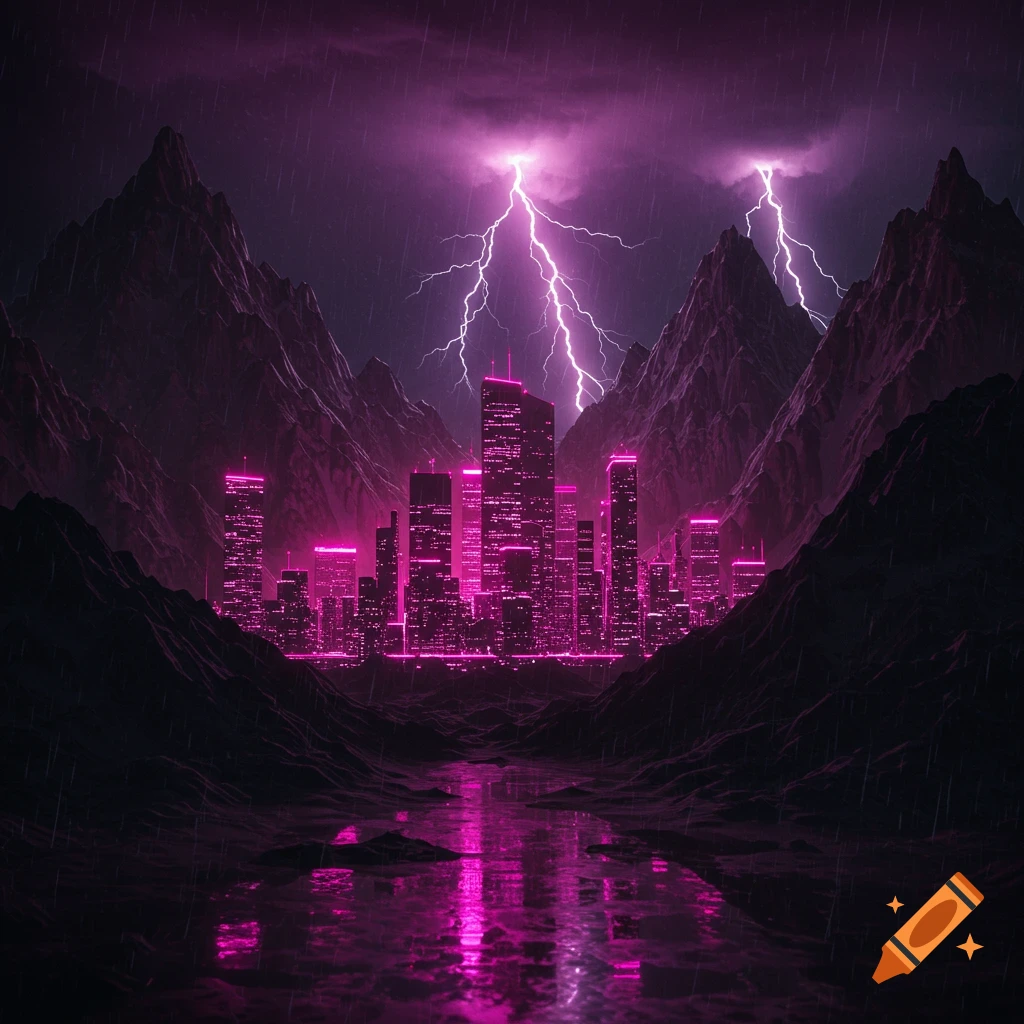 A cyberpunk city with pink neon lights between dark mountains under a stormy night sky with lightning, reflected in a river.