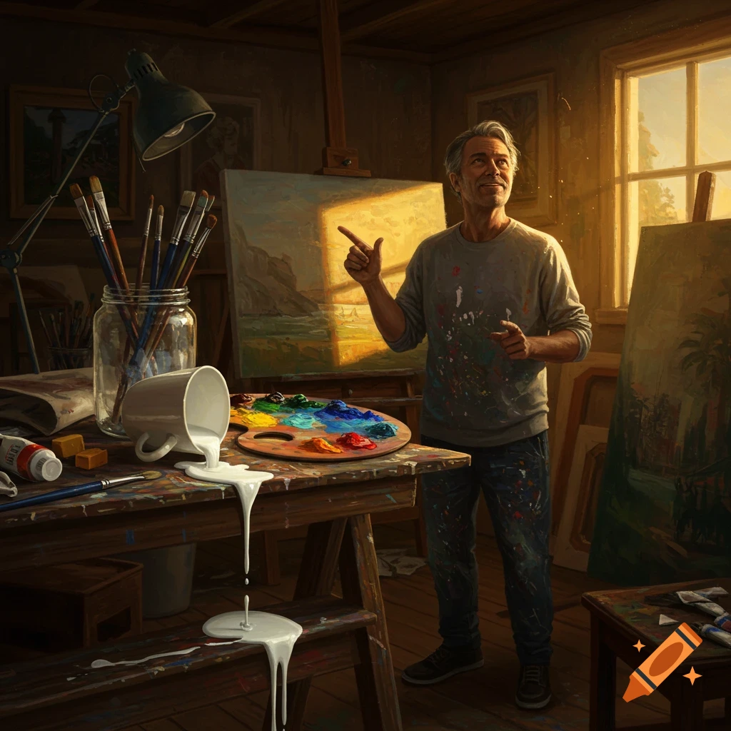 A realistic painting of an artist in a messy studio, admiring spilled milk on a canvas. Paint brushes and palette on a table.