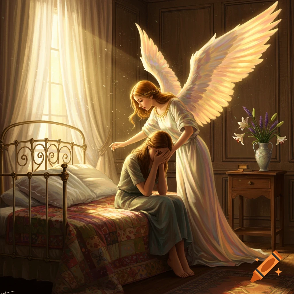 An ethereal angel with large white wings comforts a crying woman sitting on a bed in a sunlit room, painted with dramatic light.