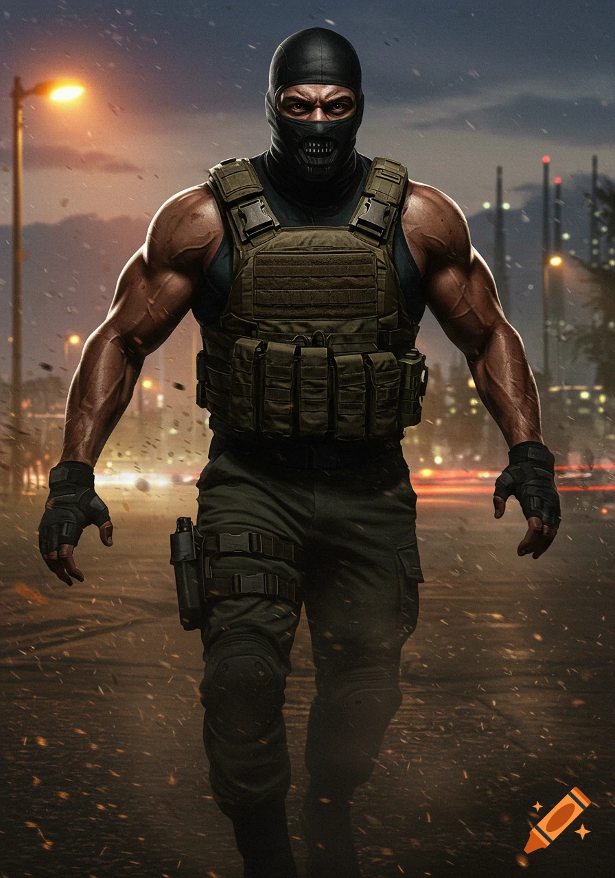 A muscular man in a black balaclava and tactical vest walks on a city street at night in a photorealistic style.