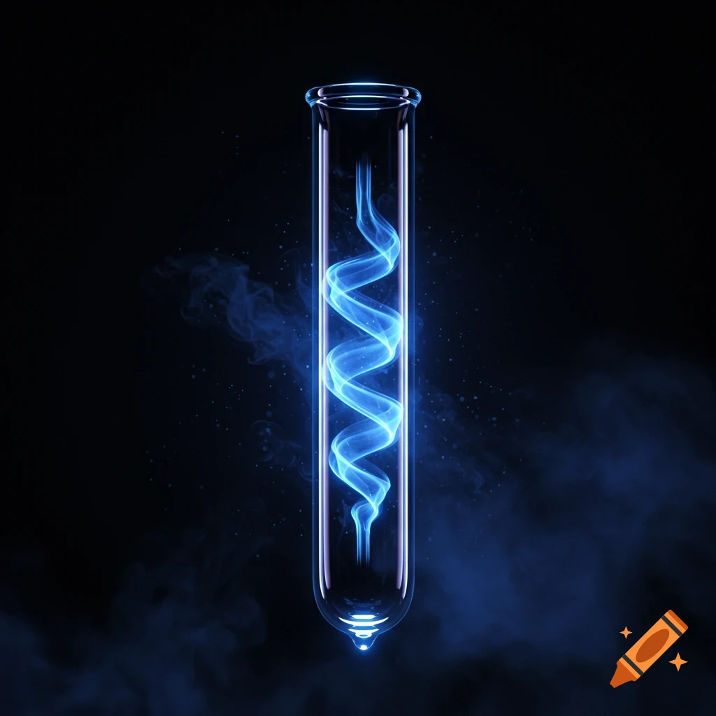 A clear glass test tube with a glowing blue, helical smoke column inside, on a dark background.