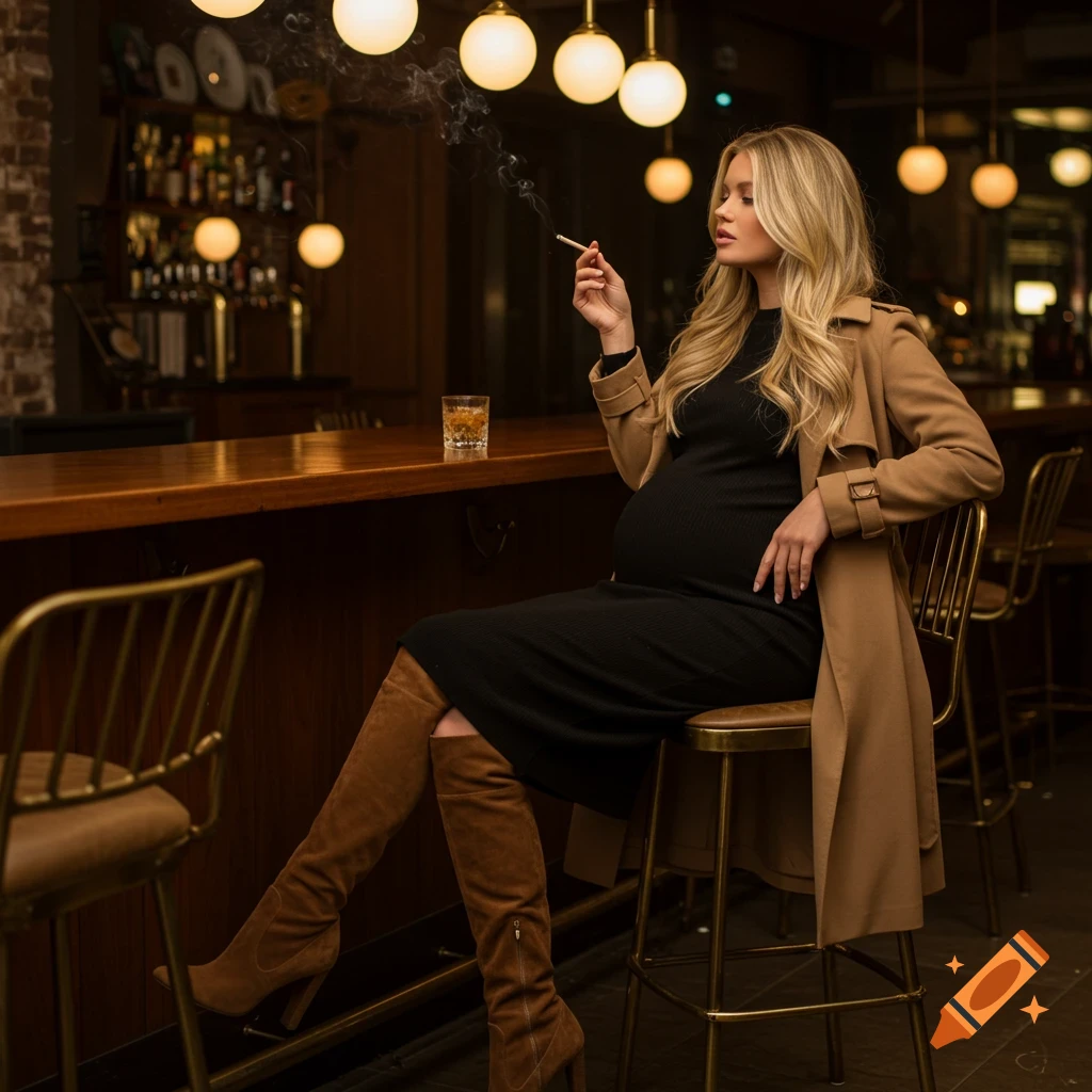 A stylish pregnant woman in a black dress and camel coat sits at a dimly lit bar, smoking a cigarette.