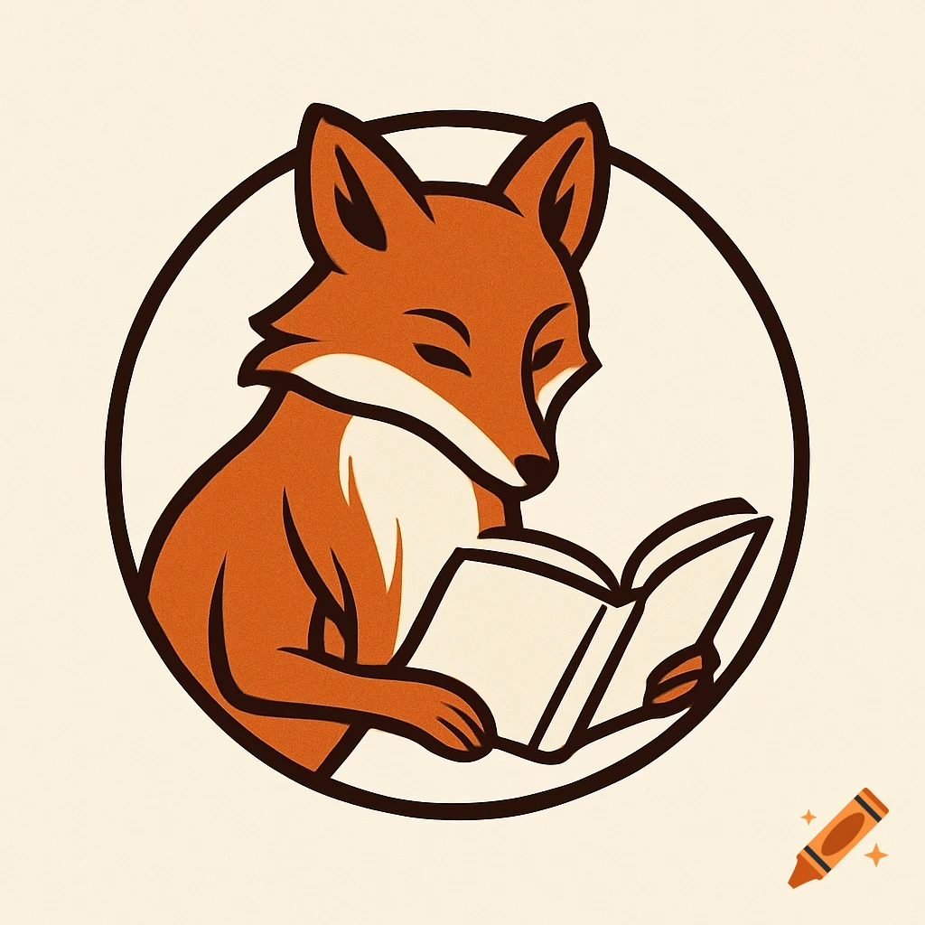 Logo of an orange fox reading an open book inside a dark brown circular border.