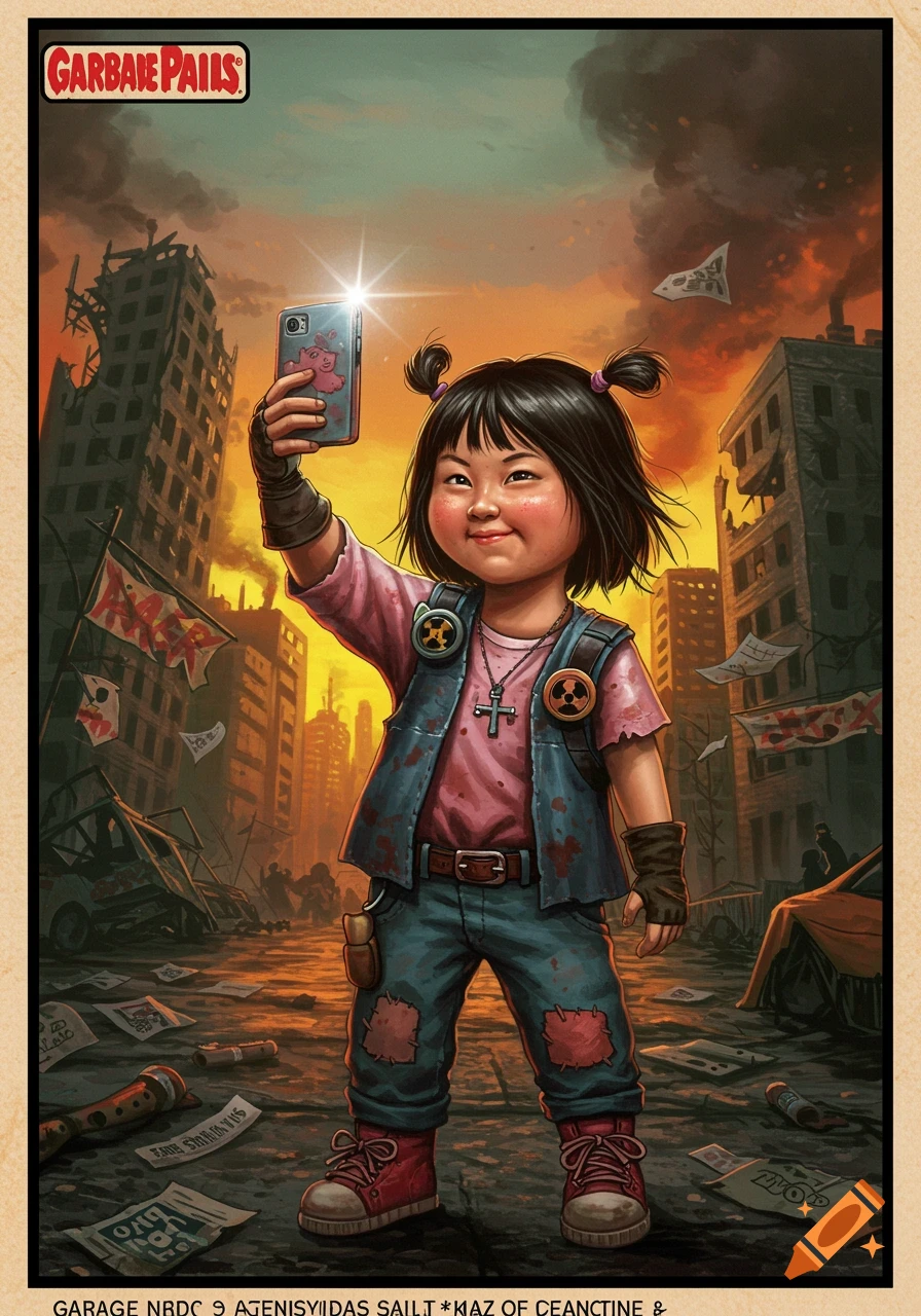 An illustration of an Asian girl taking a selfie in a post-apocalyptic cityscape, with destroyed buildings and smoke in the background. She wears a pink shirt, blue vest with radiation symbols, ripped jeans, and red sneakers.