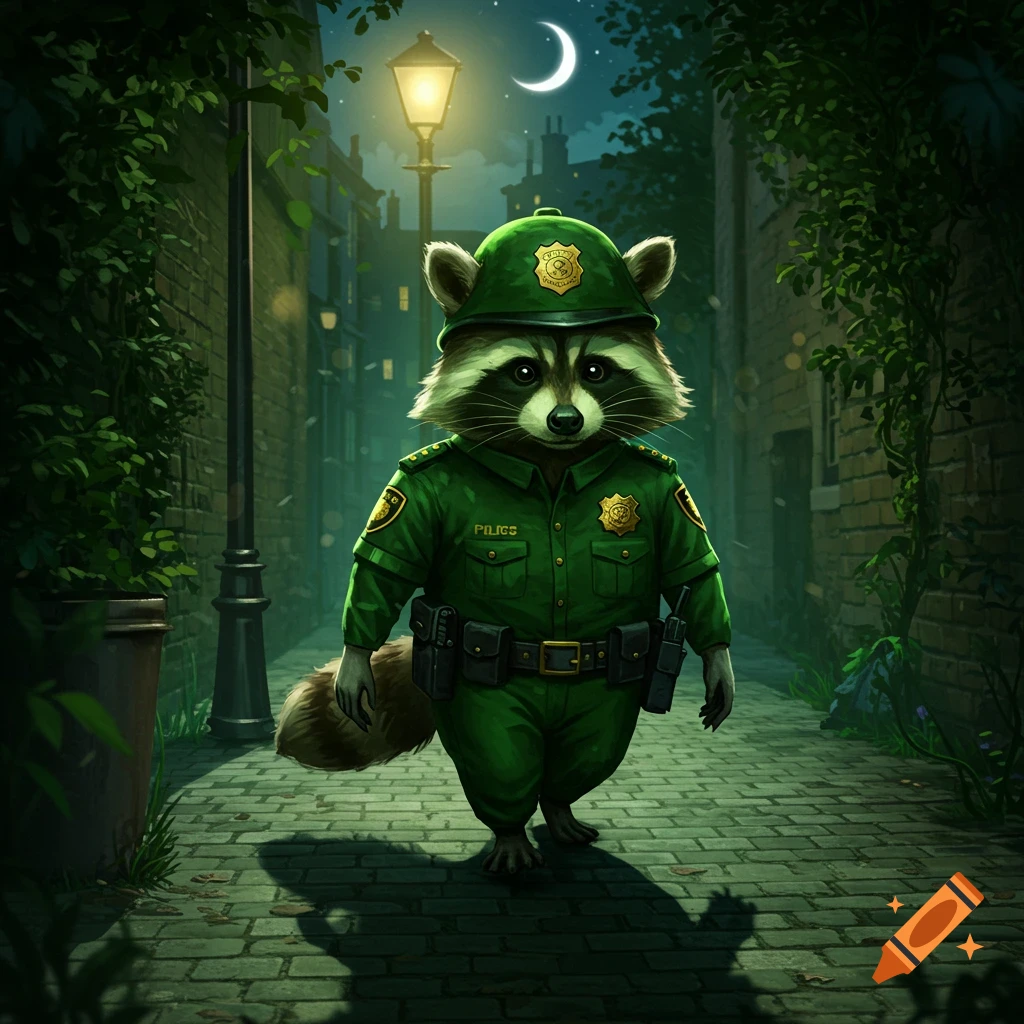 A raccoon in a green police uniform stands in a dark, moonlit alley with a glowing lamppost, looking forward.