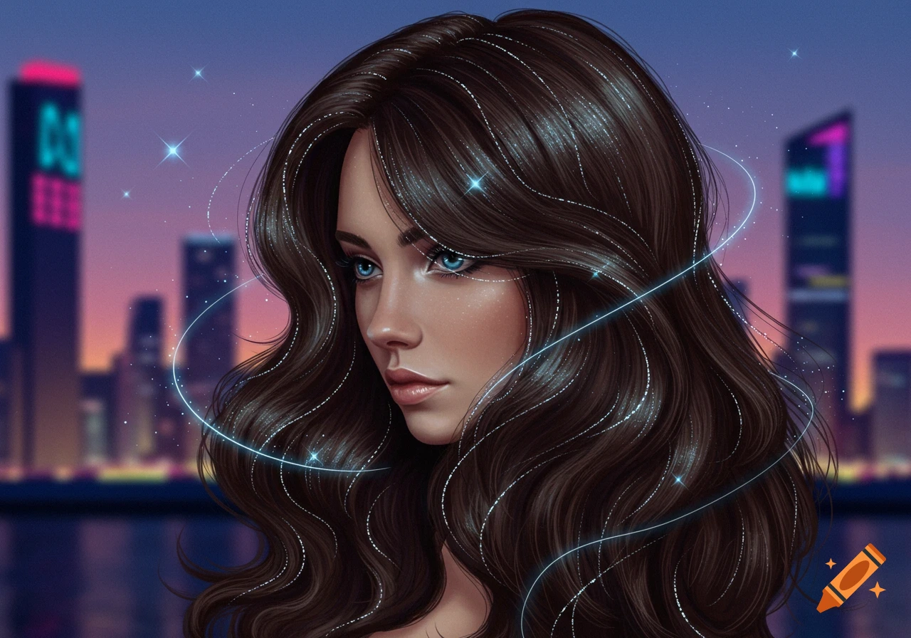 Digital art portrait of a woman with long wavy brown hair with sparkling strands and glowing lines, against a blurry futuristic city skyline at dusk.