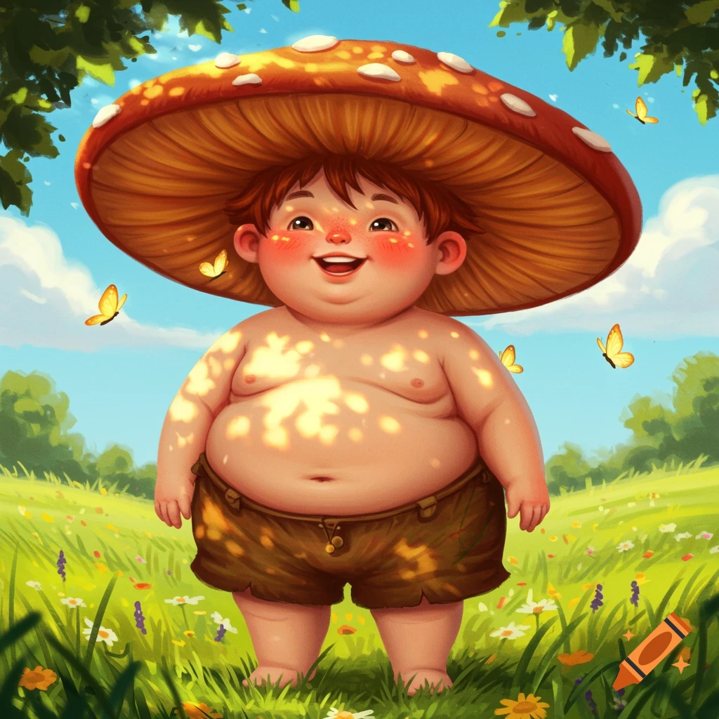 Cheerful, chubby boy with a mushroom hat in a sunny, flower-filled meadow with butterflies, illustration.