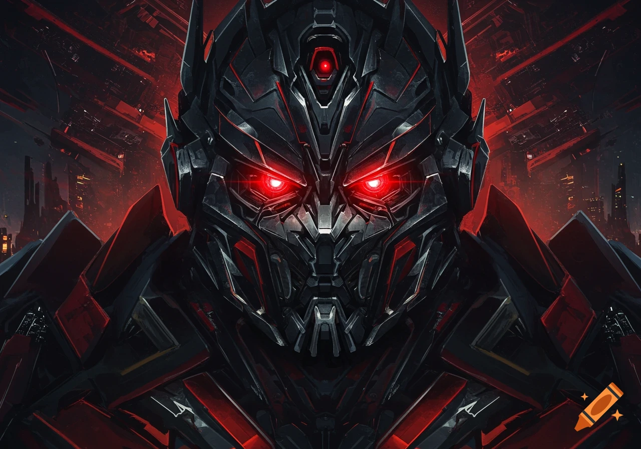Close-up of a menacing black and red robot face with glowing red eyes and intricate metallic armor in a dark sci-fi setting.