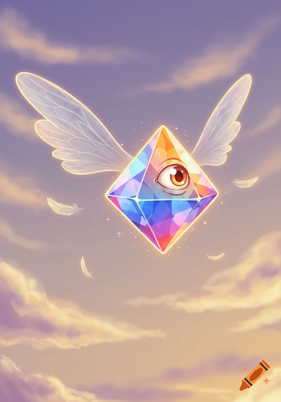 A colorful, faceted diamond with an eye and ethereal wings flies through a pastel, cloudy sky.