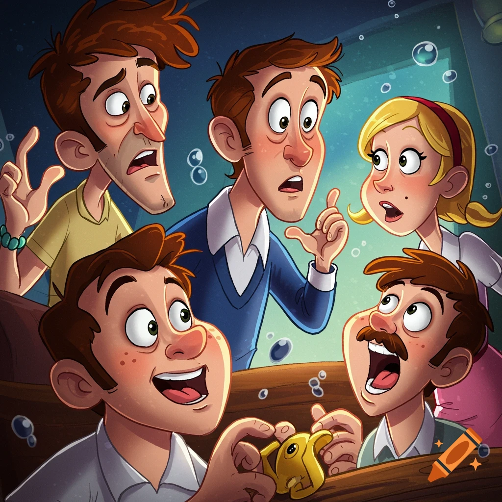 Cartoon illustration of five people, some with surprised expressions, in what appears to be a boat, with one person holding a small yellow object.