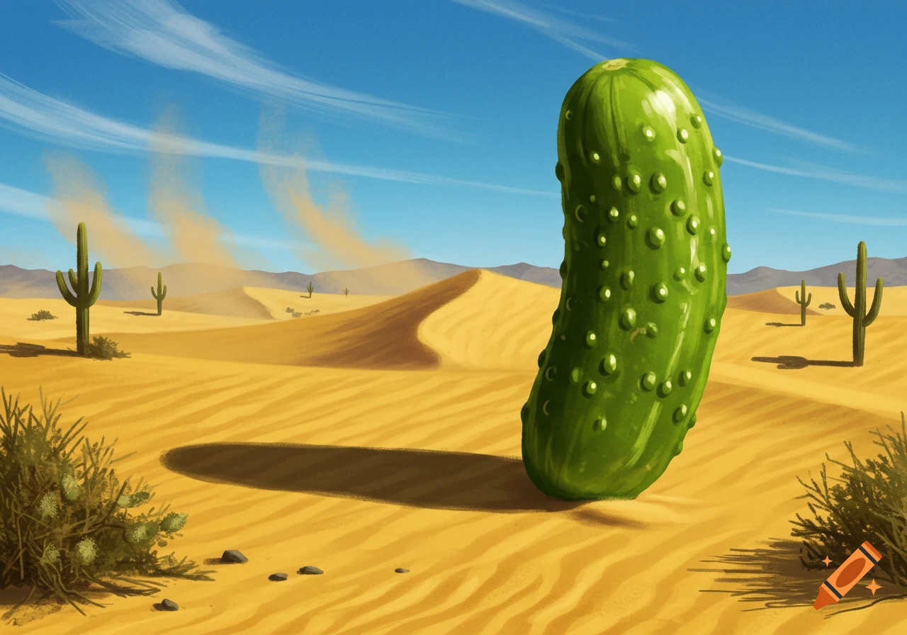 A giant green pickle stands upright in a vast, sandy desert landscape with saguaro cacti under a blue sky.