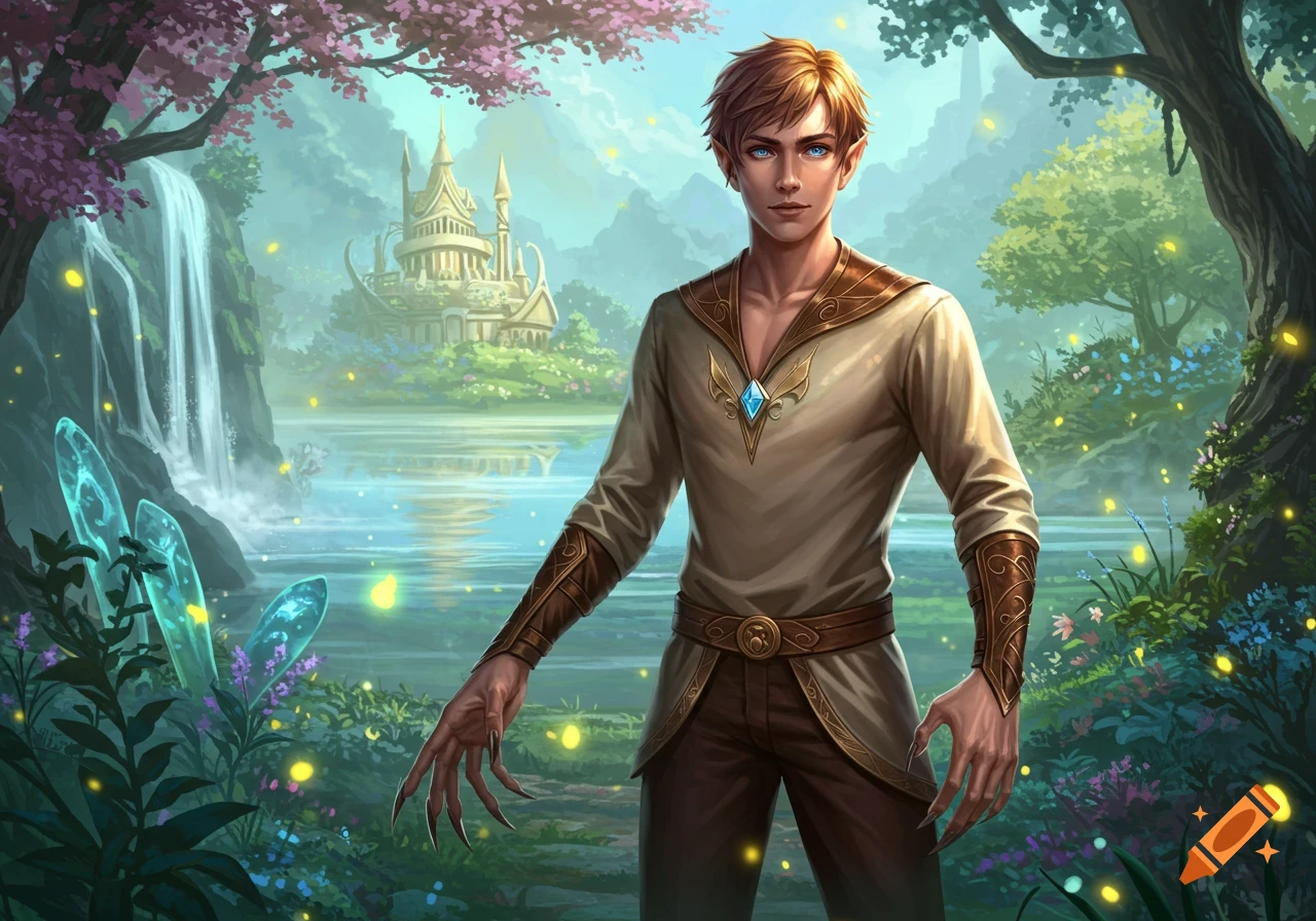 A young elven man with blond hair, blue eyes, and clawed hands stands in a magical forest with a waterfall and a distant castle.