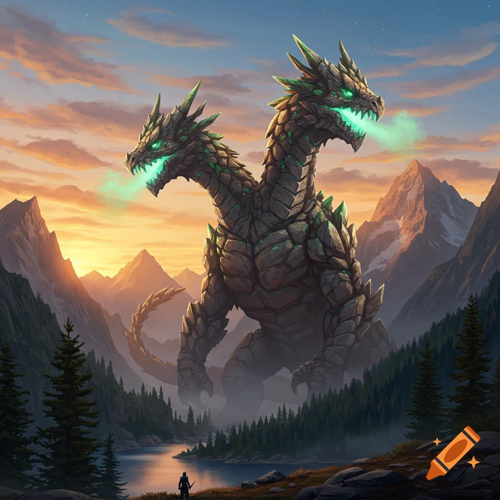A colossal two-headed rock dragon with glowing green breath towers over a mountain valley at sunset, with a small warrior by a lake.