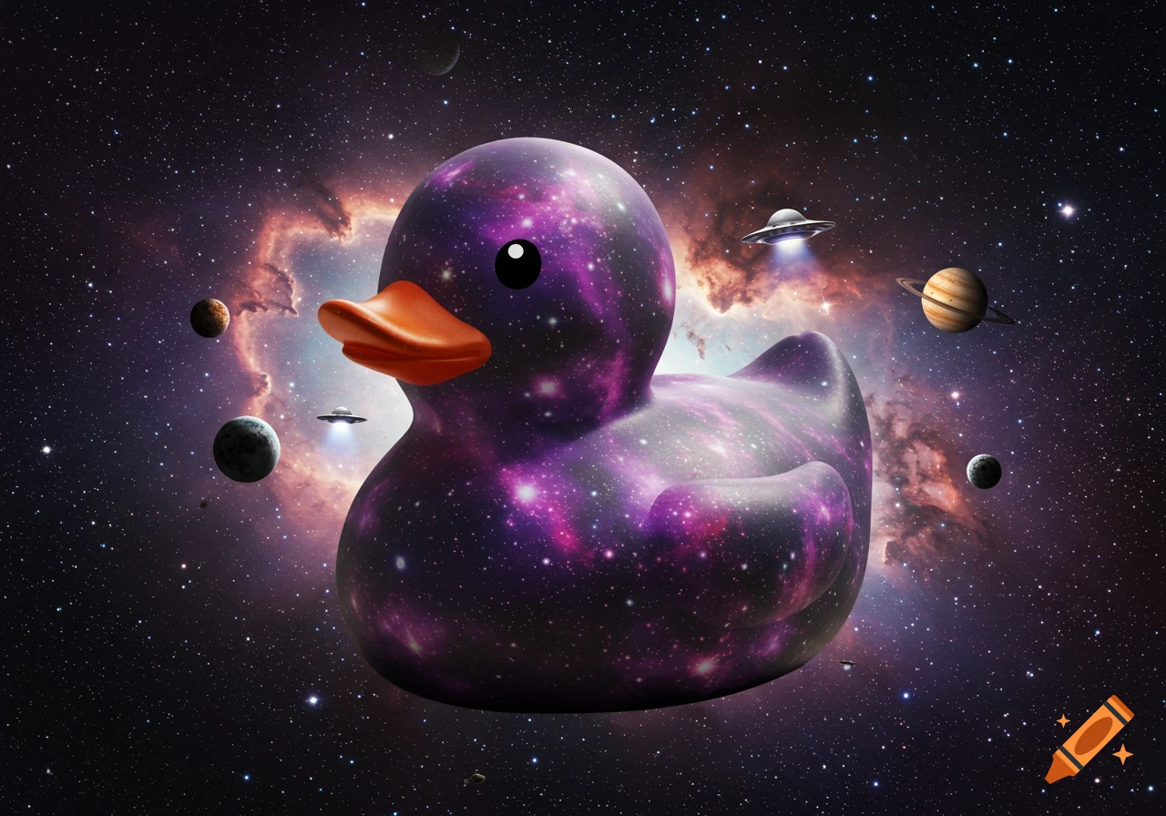 A purple galaxy-patterned rubber duck floats in deep space among stars, nebulas, planets, and small flying saucers.