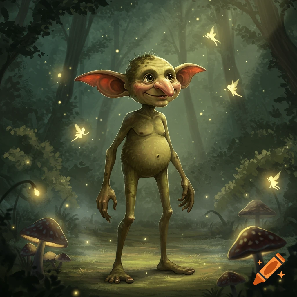A green, skinny goblin with large ears and a long nose stands in a magical forest with glowing fairies and mushrooms.