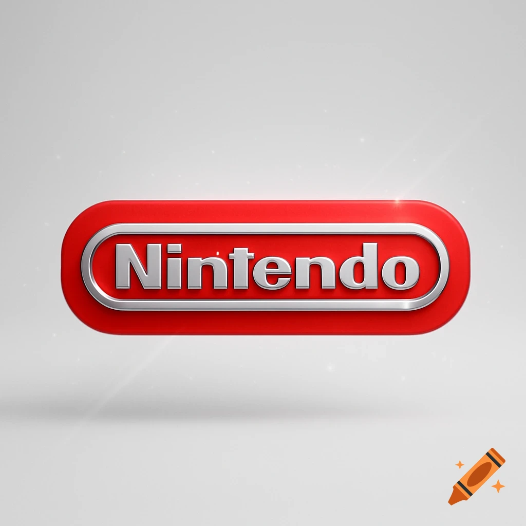 A red, oval-shaped 3D Nintendo logo with silver text, set against a bright, subtly textured white background.
