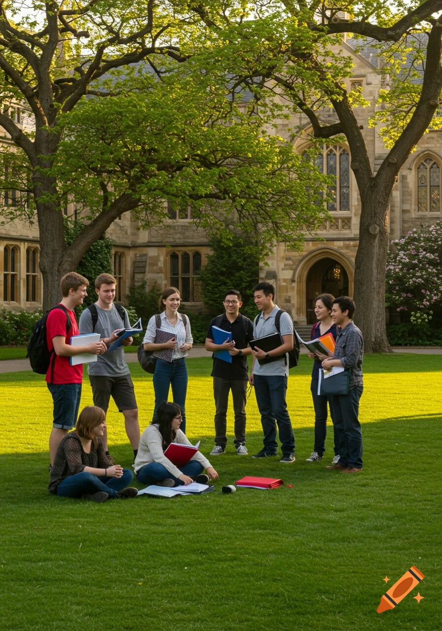 A diverse group of students with books on a sunny grassy lawn in front of a historic university building.