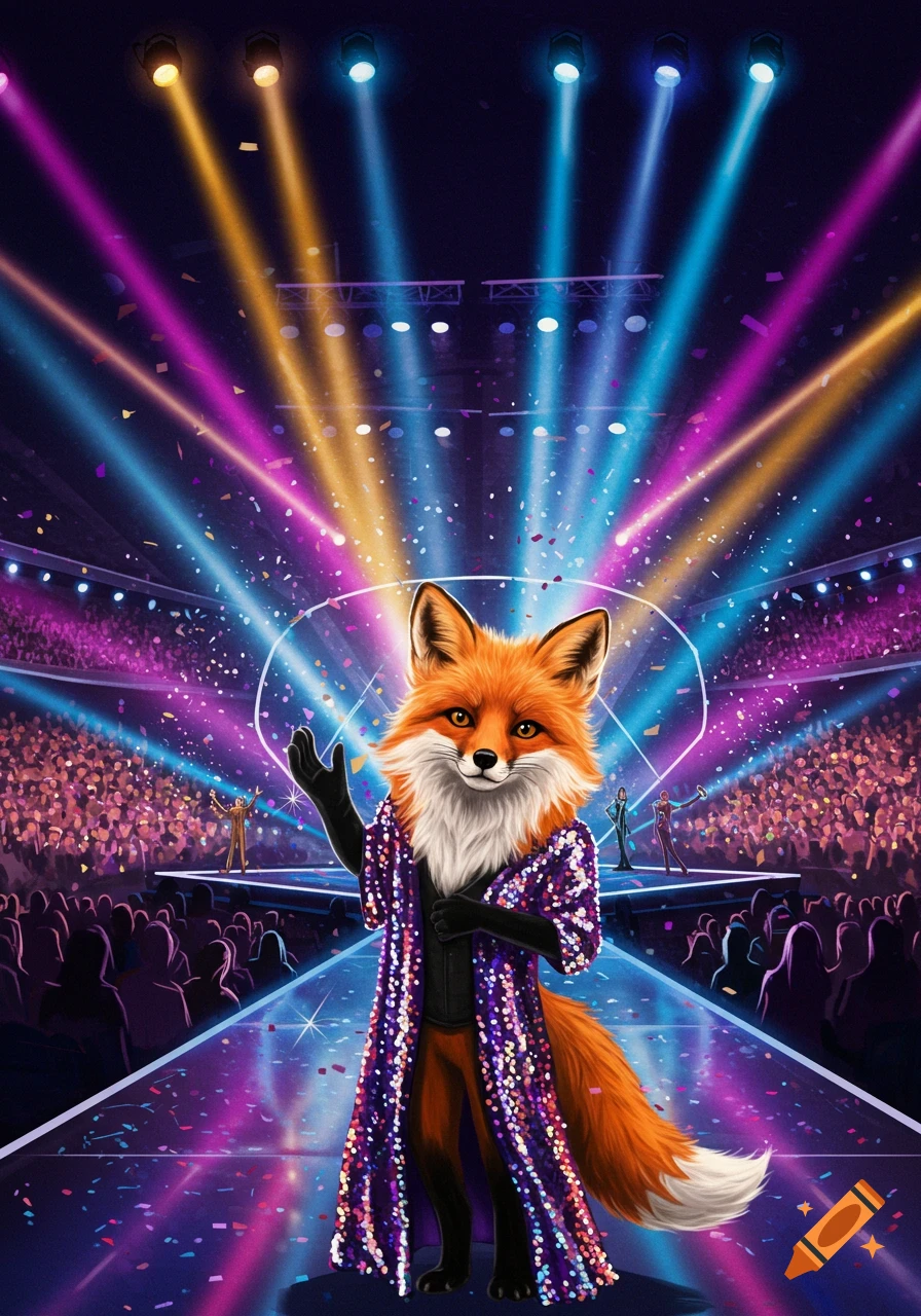A cartoonish anthropomorphic fox in a sparkly purple coat stands on a brightly lit concert stage with a cheering crowd.
