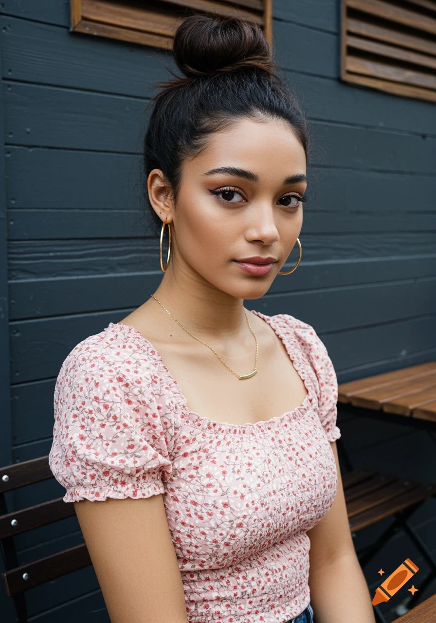 A young woman with her hair in a bun and gold hoop earrings wears a pink floral top, looking forward in a cafe setting.