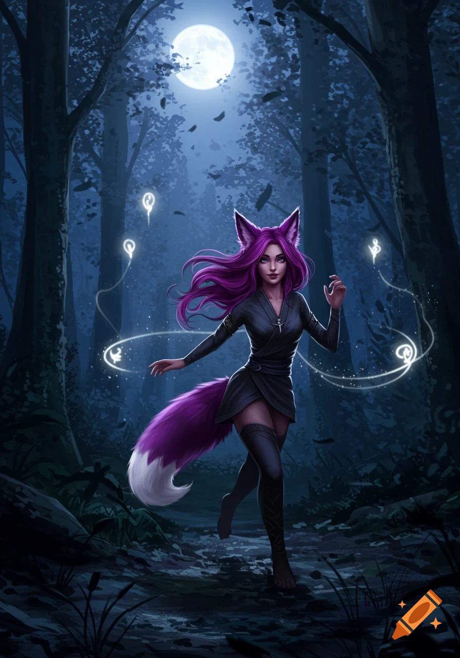 A fantasy woman with purple fox ears and tail runs through a dark, moonlit forest, surrounded by glowing magical symbols.