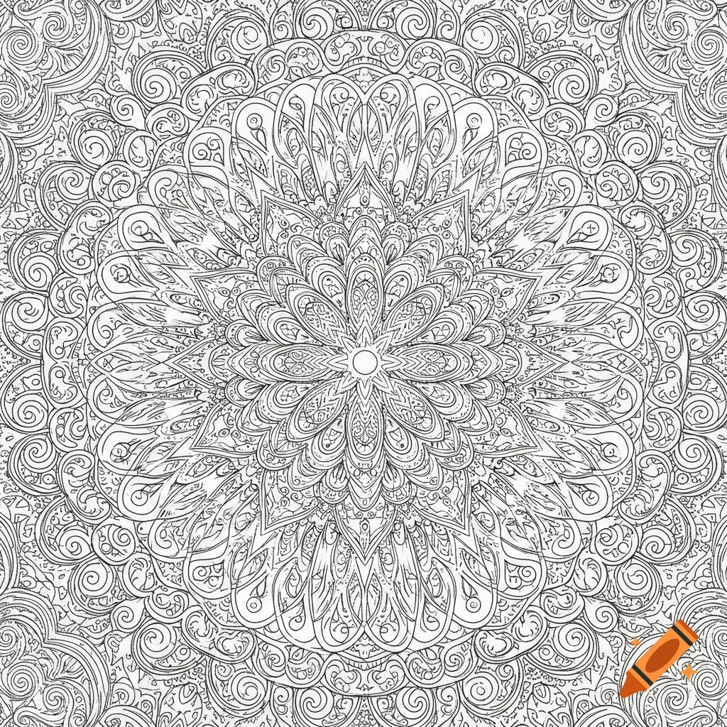 Intricate black and white mandala pattern in a coloring book style.