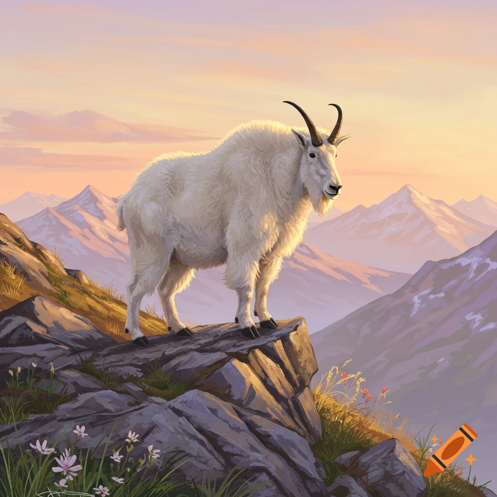 White mountain goat stands on a rocky cliff overlooking mountains at sunset, painted in a realistic style.