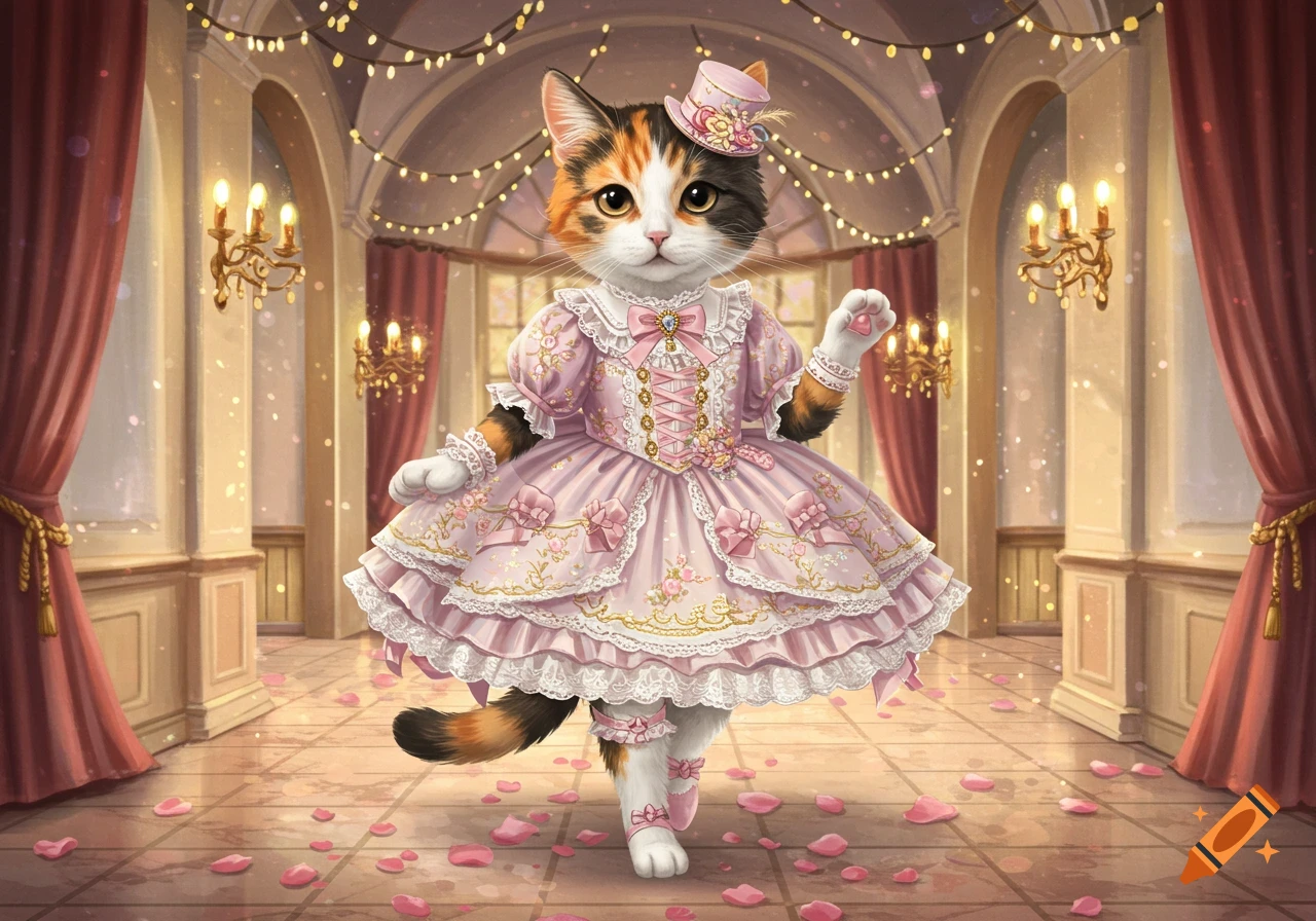 A calico cat in an elaborate pink lolita dress and hat stands in an elegant ballroom filled with rose petals.