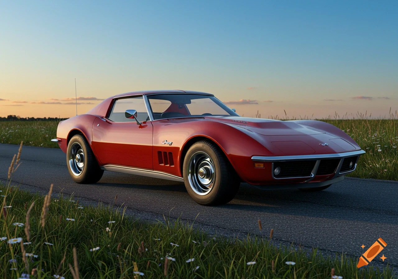 Photorealistic image of a red 1969 Corvette driving on a rural road at sunset, with fields on either side.