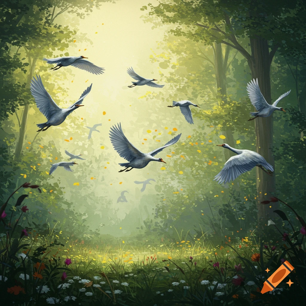 A flock of white birds flies through a sunlit green forest with yellow leaves in an illustrative style.