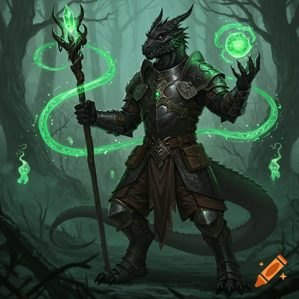 A black dragonborn in dark armor holds a glowing green staff and casts magic in a misty forest.