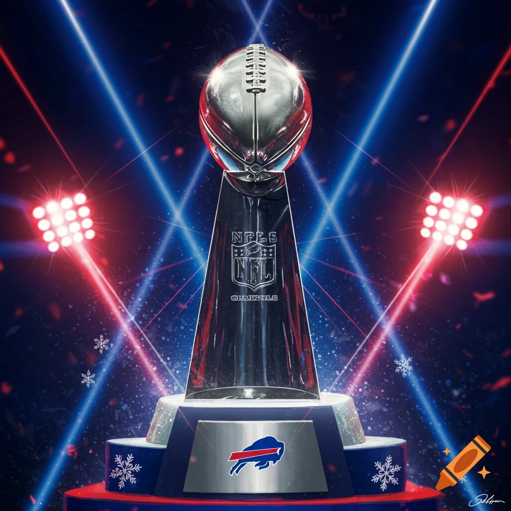 A shiny football trophy with the NFL logo and Buffalo Bills emblem, illuminated by red and blue spotlights and falling confetti.