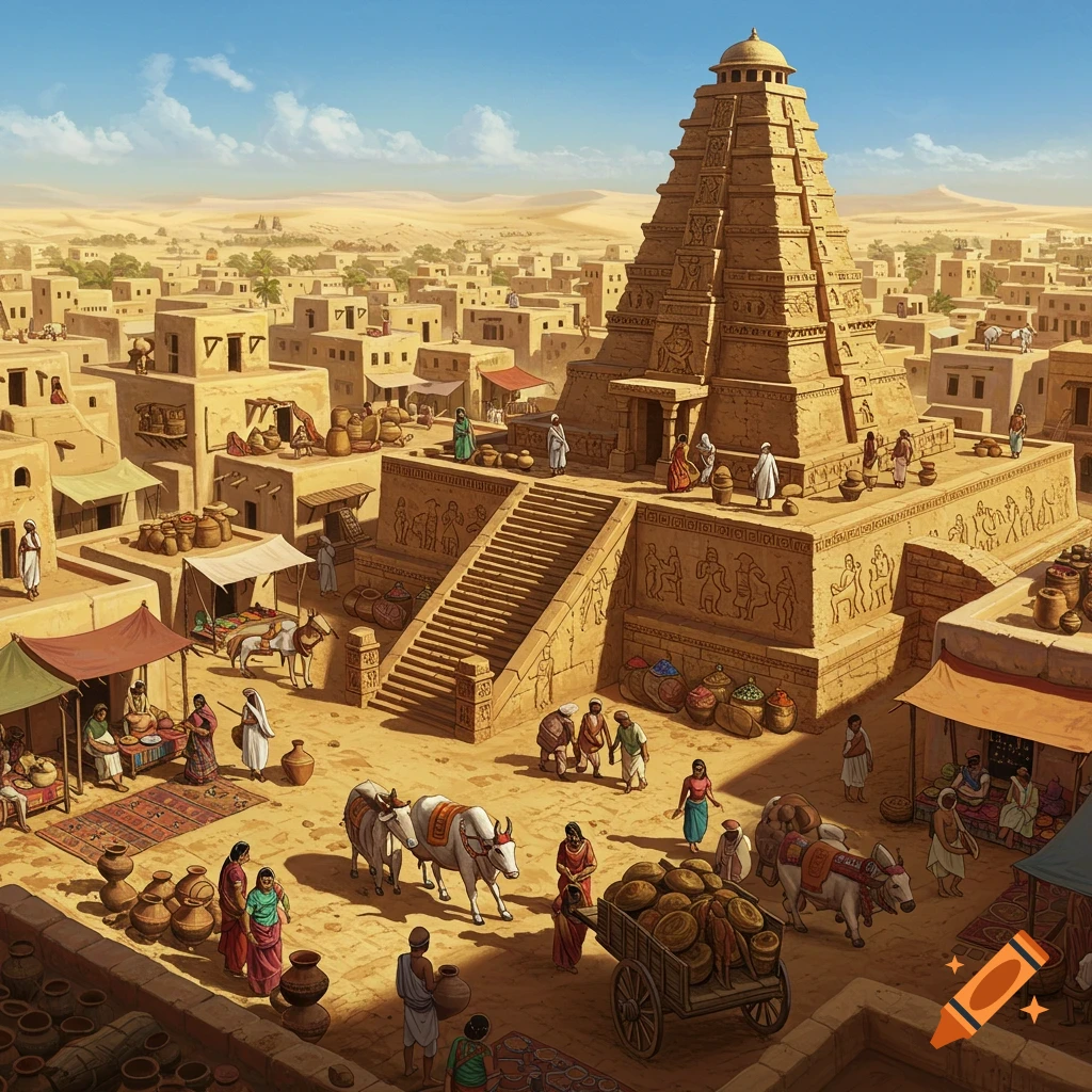 A bustling market scene in an ancient desert city with a large stepped temple, people, animals, and goods.
