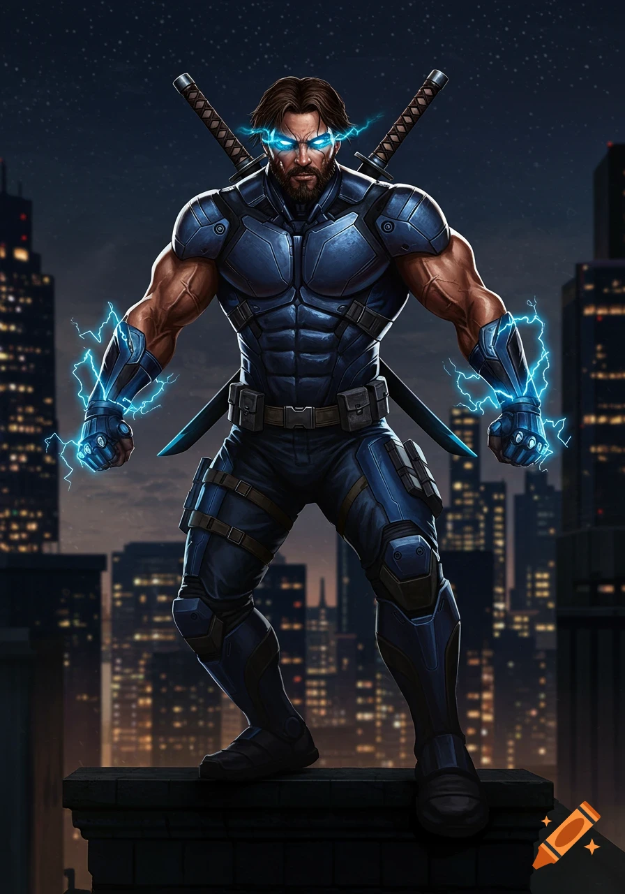 Muscular superhero in blue tactical armor with glowing electric blue eyes and hands, dual katanas, stands on a dark city rooftop at night.