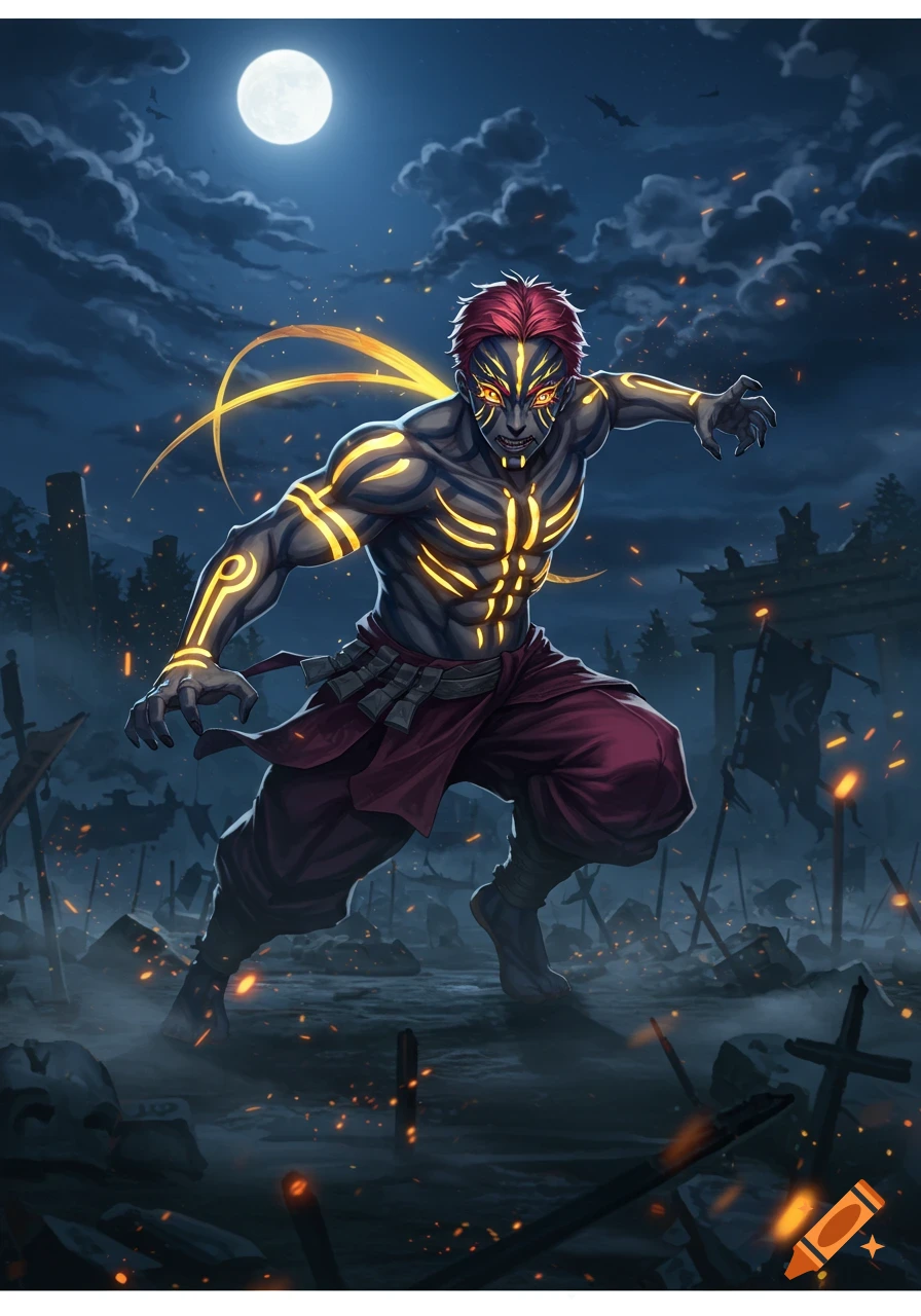 A menacing anime character with glowing golden marks and red hair crouches in a dark, misty, battle-scarred landscape under a full moon.