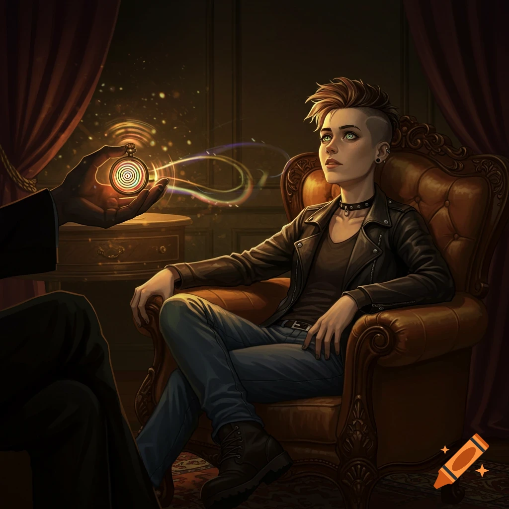 Young butch woman with a mohawk being hypnotized by a glowing pocket watch in a dark, ornate room.