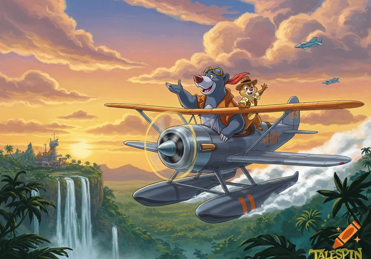 Baloo and Chip flying a seaplane over a tropical jungle with waterfalls at sunset, cartoon style.