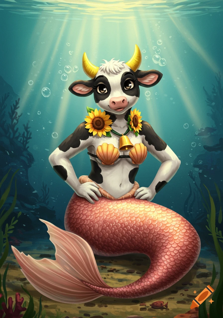 A whimsical cartoon illustration of a black and white cow with yellow horns, a seashell bra, and a pink mermaid tail, underwater among plants, with sunbeams from above.