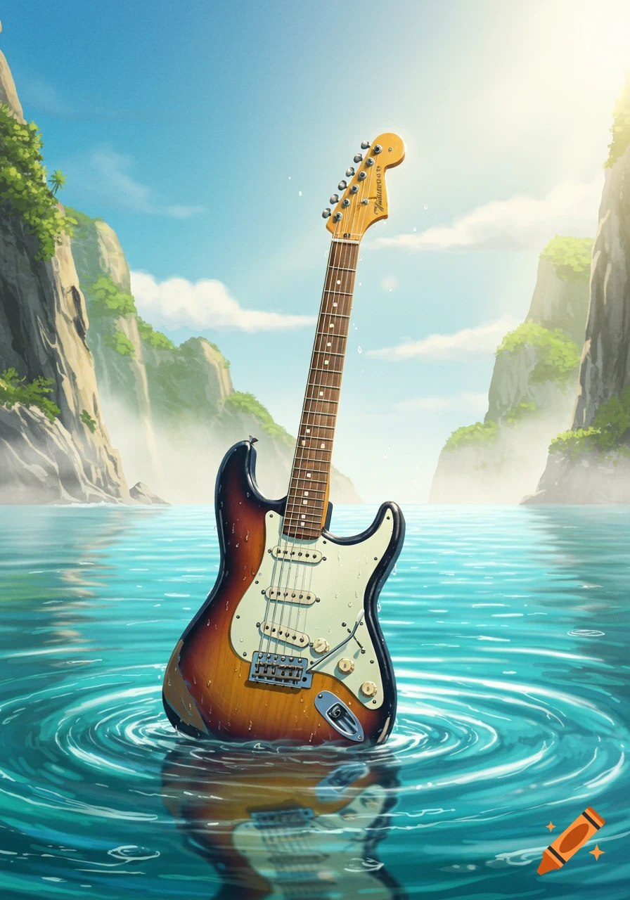 An electric guitar, a sunburst Fender Stratocaster style, stands submerged in clear blue water with ripples around its base. Lush green cliffs rise in the background under a bright sky.