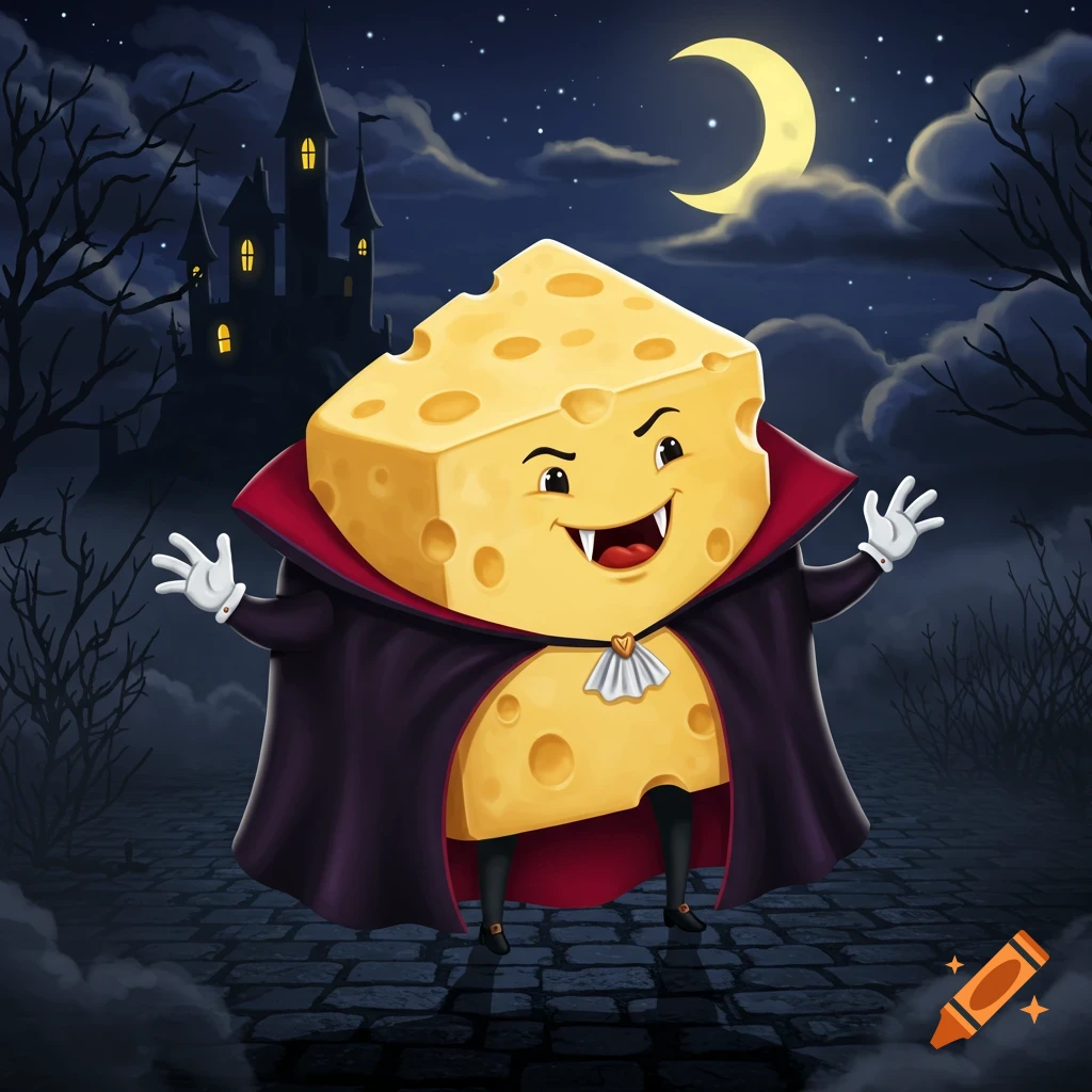 A smiling cartoon cheese wedge in a vampire cape stands before a spooky castle under a crescent moon.