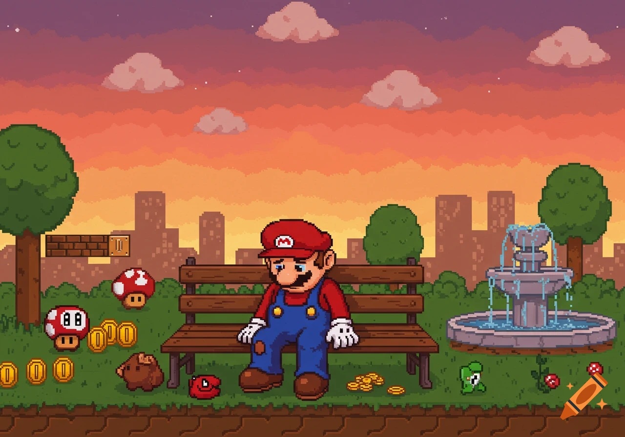 Pixel art of a sad Mario sitting on a park bench, surrounded by Super Mario items like coins and mushrooms, with a city skyline at sunset.