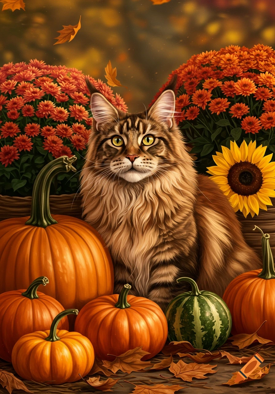 A majestic Maine Coon cat sits among vibrant orange pumpkins, green gourds, and autumn flowers, with fallen leaves on a wooden surface.