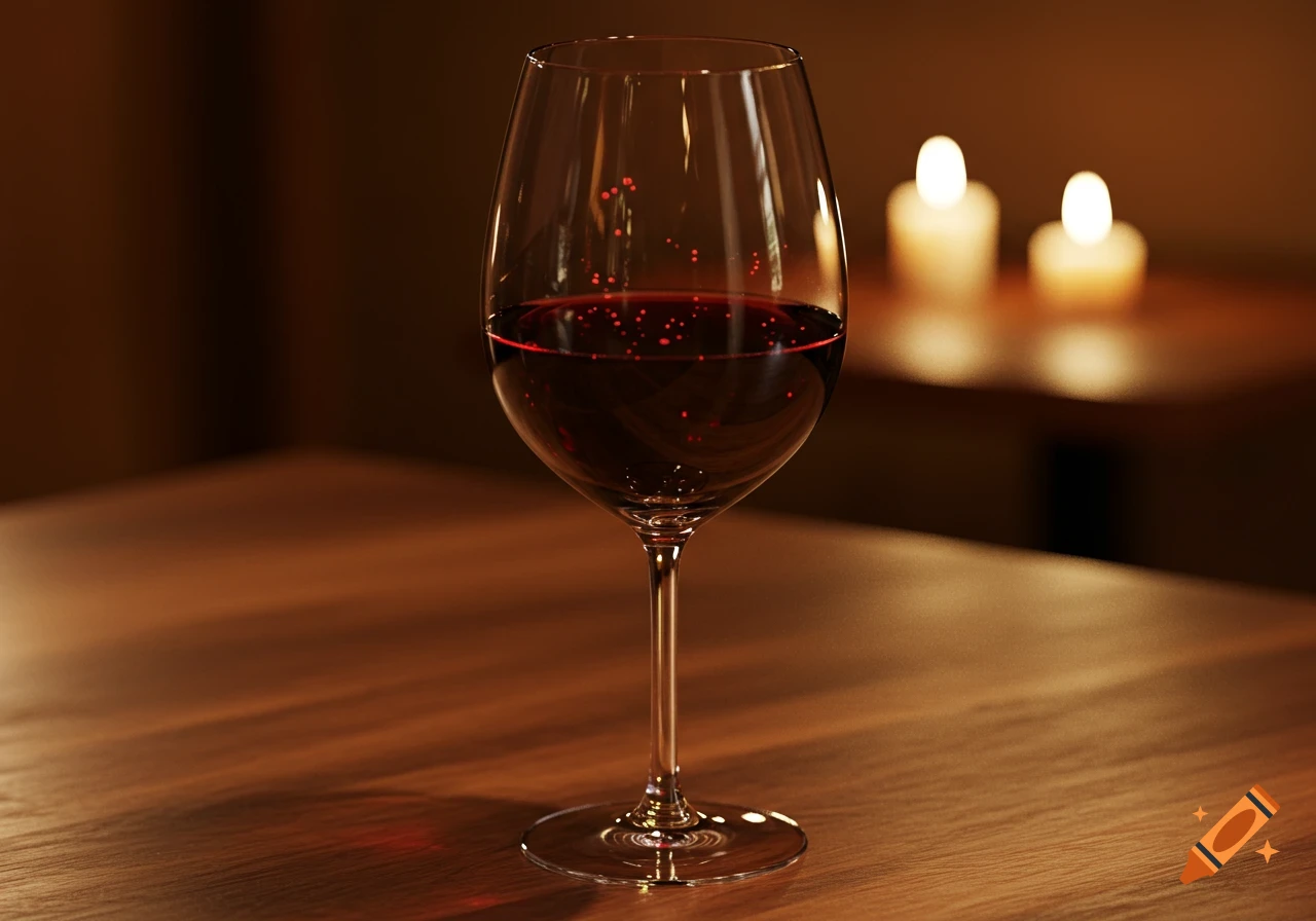 Photorealistic close-up of a wine glass with red wine on a wooden table, softly lit by two blurred candles.