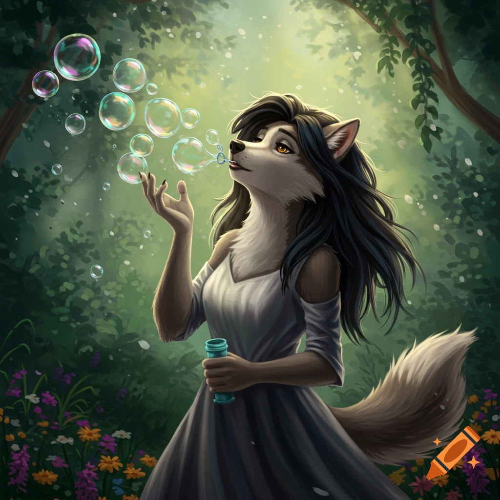 A Disney-style anthropomorphic wolf woman with dark hair blows bubbles in an enchanted forest filled with wildflowers.
