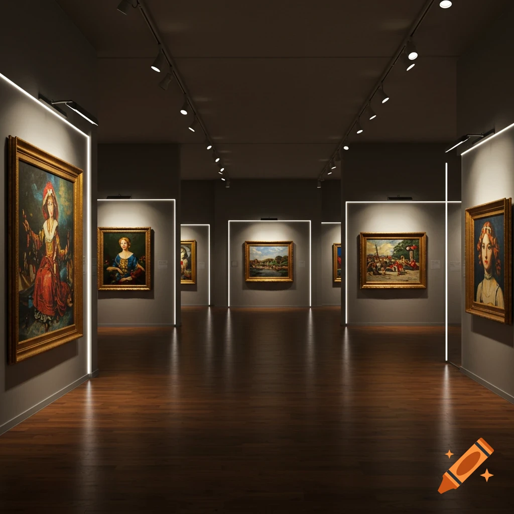 A dimly lit modern art gallery with framed paintings on the walls and warm wooden floors, illuminated by spotlights.