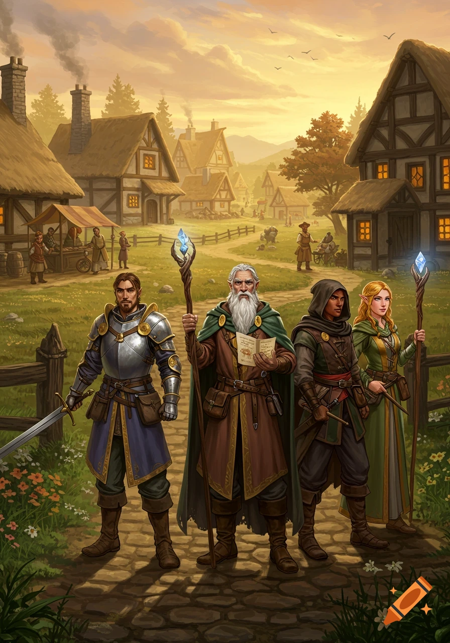 Four fantasy adventurers (knight, wizard, rogue, elf) stand on a village path at sunset. Detailed fantasy illustration.
