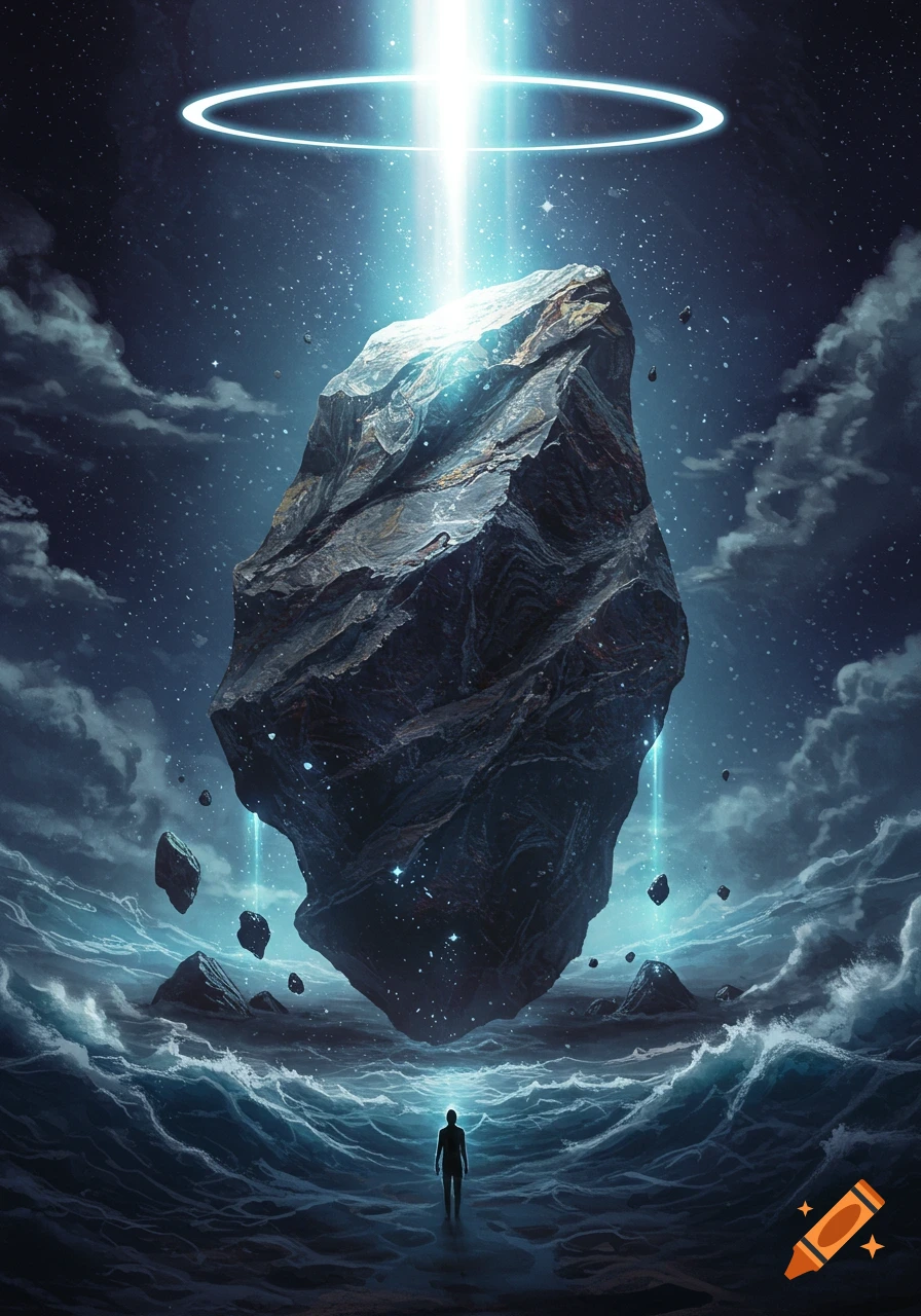 A lone figure stands in a vast ocean, gazing up at a colossal, glowing rock floating under a cosmic sky with a beam of light.