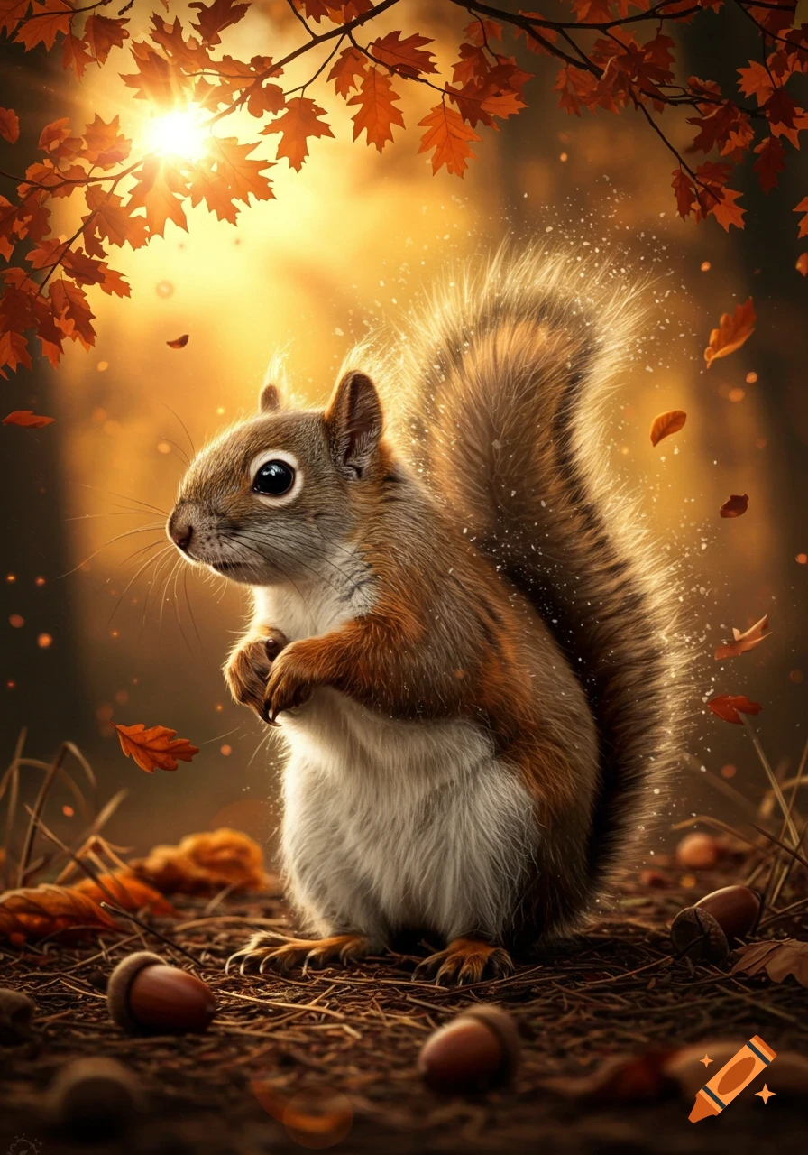 Photorealistic squirrel in an autumn forest with glowing dust, surrounded by leaves and acorns under golden sunlight.