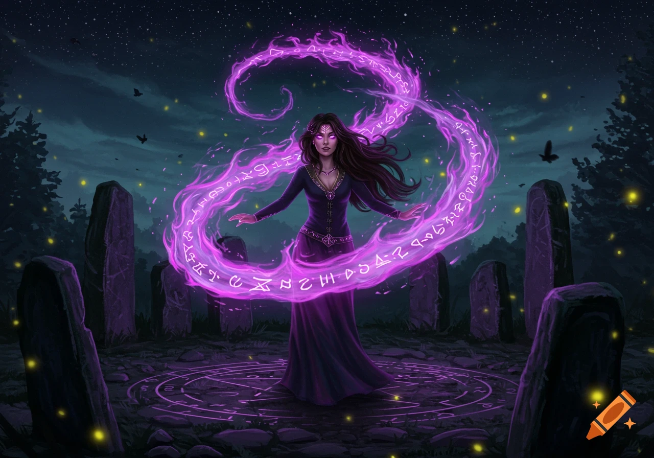 A brunette sorceress with glowing purple eyes casts a spell amidst standing stones under a starry night, surrounded by glowing purple runes and a magic circle.