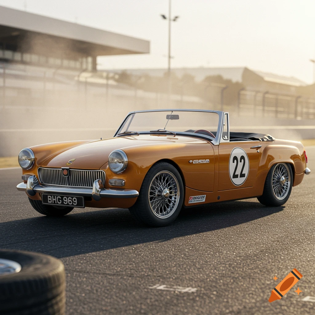 A bronze-yellow classic MG Midget convertible race car with the number 22 on its side, parked on a race track at sunset.