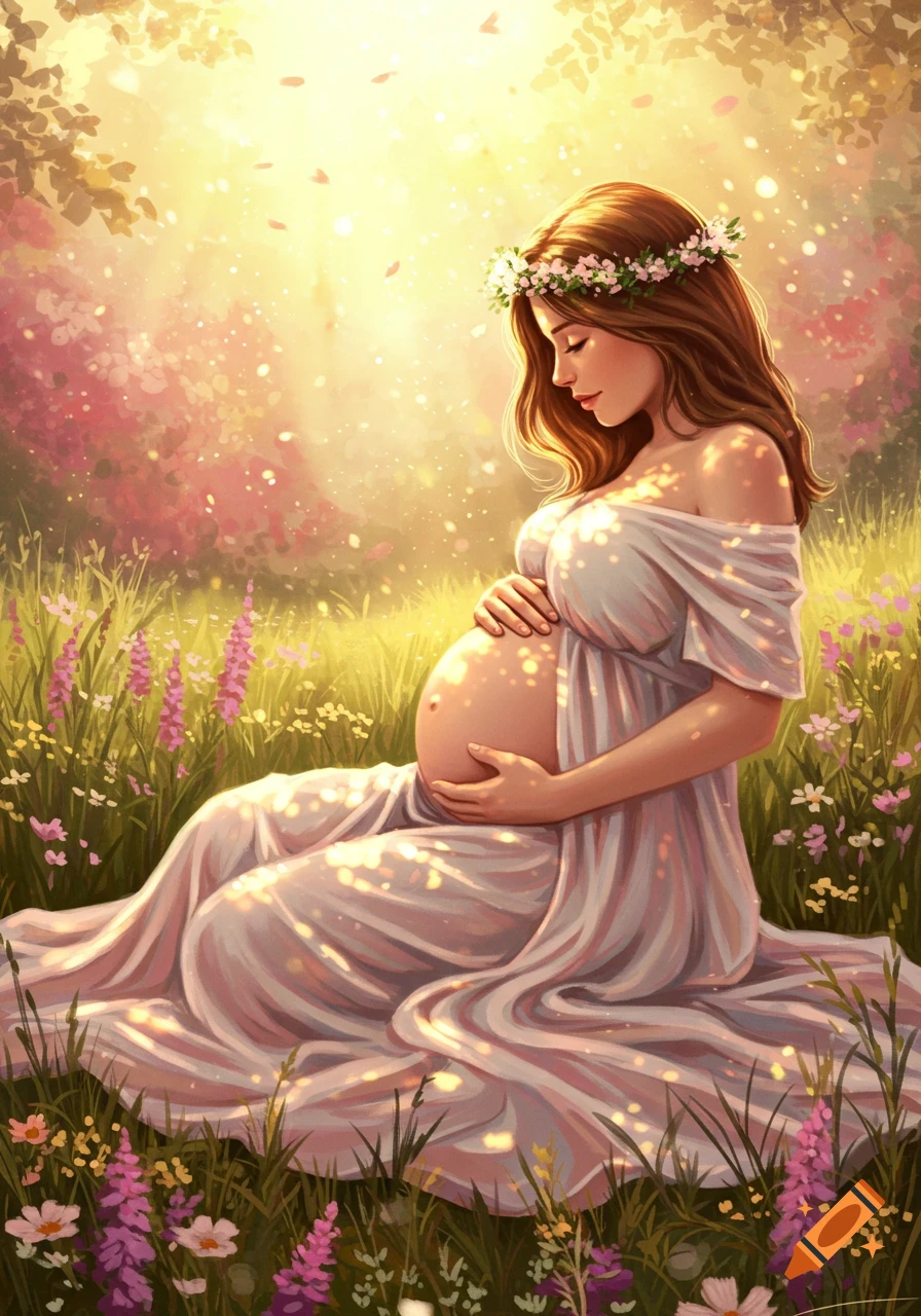 A pregnant woman in a flowing white dress and flower crown sits in a sunlit, flower-filled meadow, gently cradling her belly.